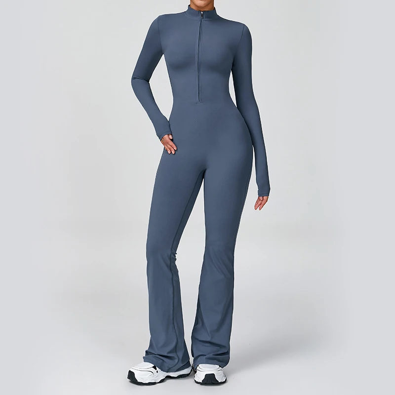 Women Long Sleeve Flare Workout Jumpsuit Zip-Up Wide Leg Bodysuit