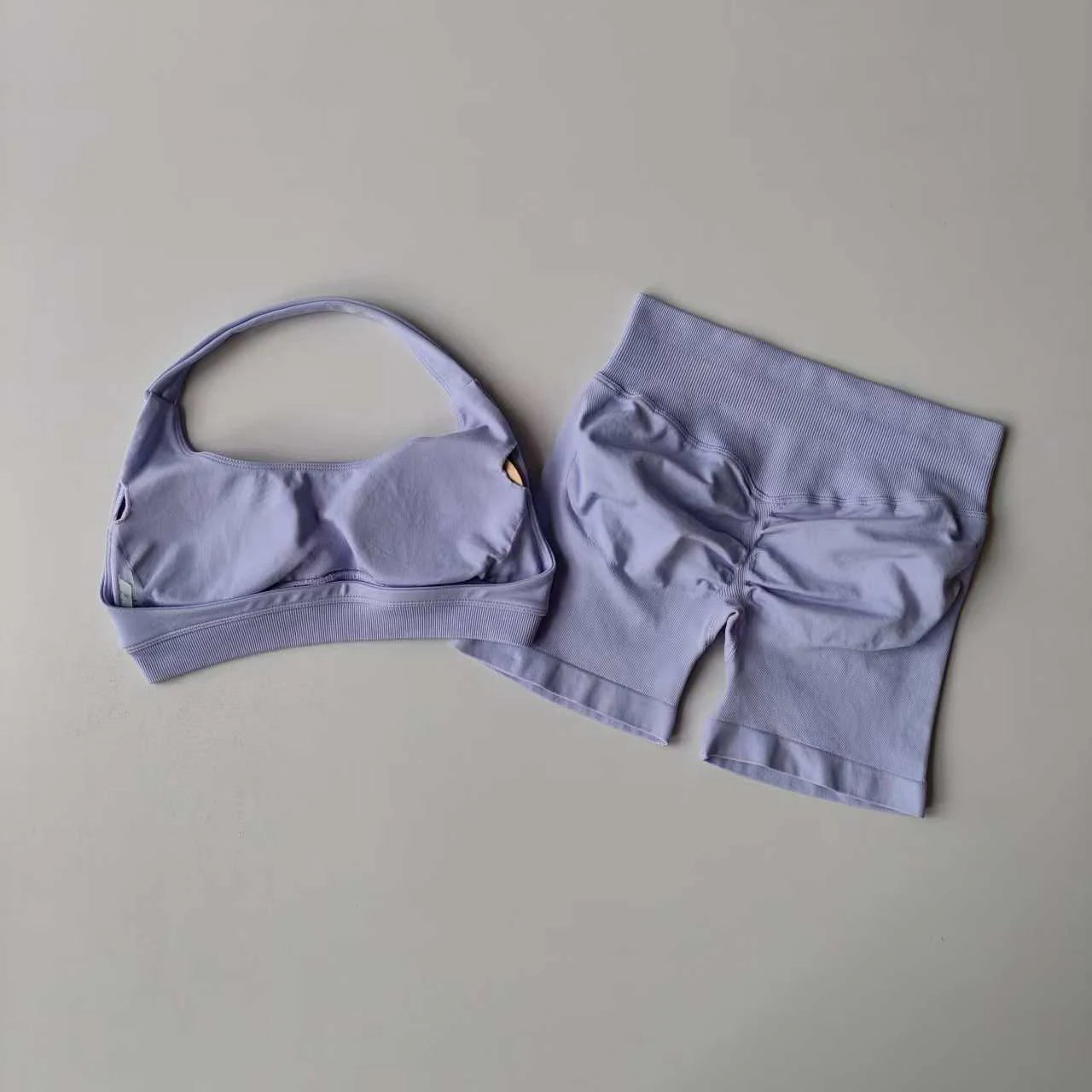 Women Seamless 2-Piece Yoga Set Halter Sports Bra & Impact Shorts