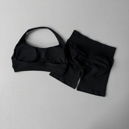 Women Seamless 2-Piece Yoga Set Halter Sports Bra & Impact Shorts