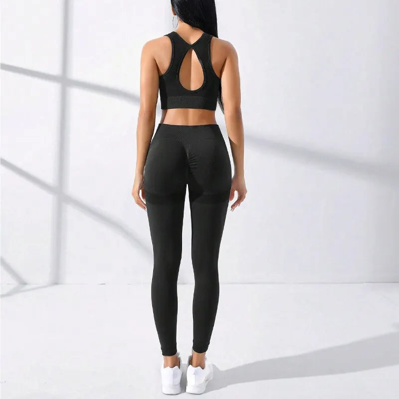Women Seamless 2-Piece Yoga Set Crisscross Cami & Tummy Control Leggings