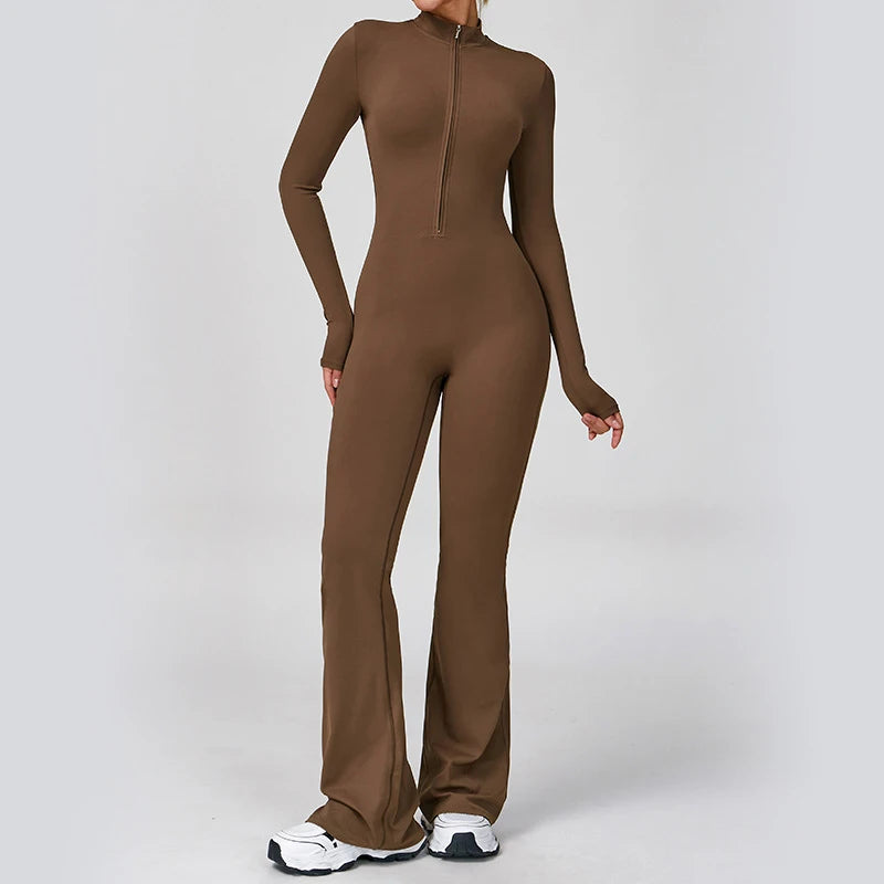 Women Long Sleeve Flare Workout Jumpsuit Zip-Up Wide Leg Bodysuit