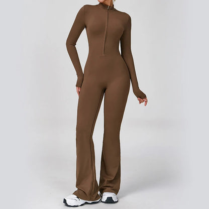 Women Long Sleeve Flare Workout Jumpsuit Zip-Up Wide Leg Bodysuit