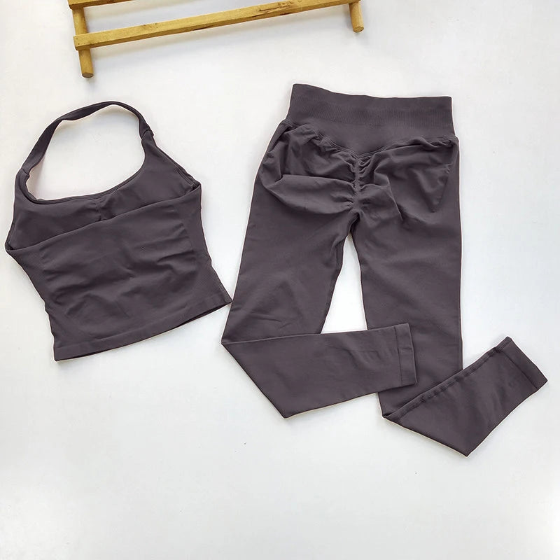 Women Seamless 2-Piece Yoga Set Strappy Sports Bra & Scrunch Leggings