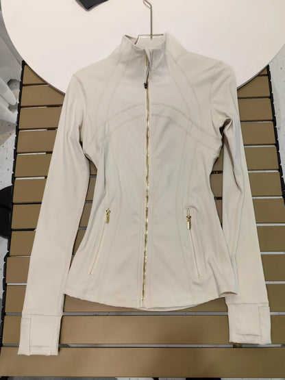 Women Slim Fit Yoga Jacket – Gold Zipper Quick-Dry Sports Jacket