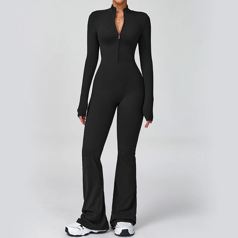 Women Long Sleeve Flare Workout Jumpsuit Zip-Up Wide Leg Bodysuit