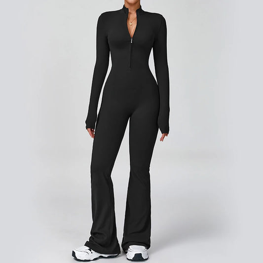 Women Long Sleeve Flare Workout Jumpsuit Zip-Up Wide Leg Bodysuit