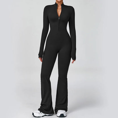 Women Long Sleeve Flare Workout Jumpsuit Zip-Up Wide Leg Bodysuit