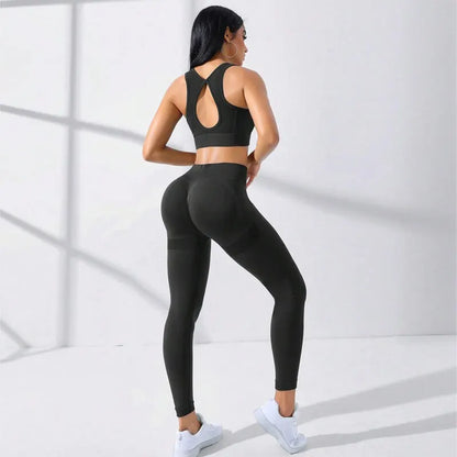 Women Seamless 2-Piece Yoga Set Crisscross Cami & Tummy Control Leggings