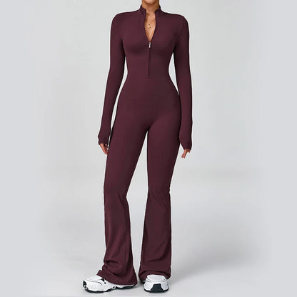 Women Long Sleeve Flare Workout Jumpsuit Zip-Up Wide Leg Bodysuit