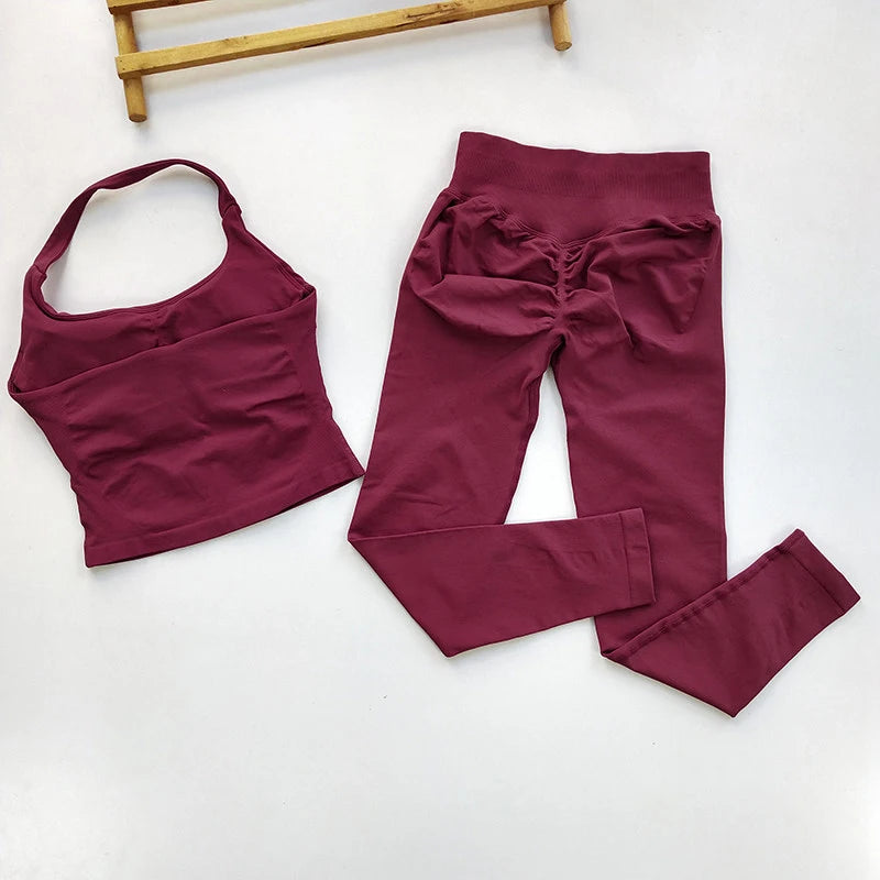 Women Seamless 2-Piece Yoga Set Strappy Sports Bra & Scrunch Leggings