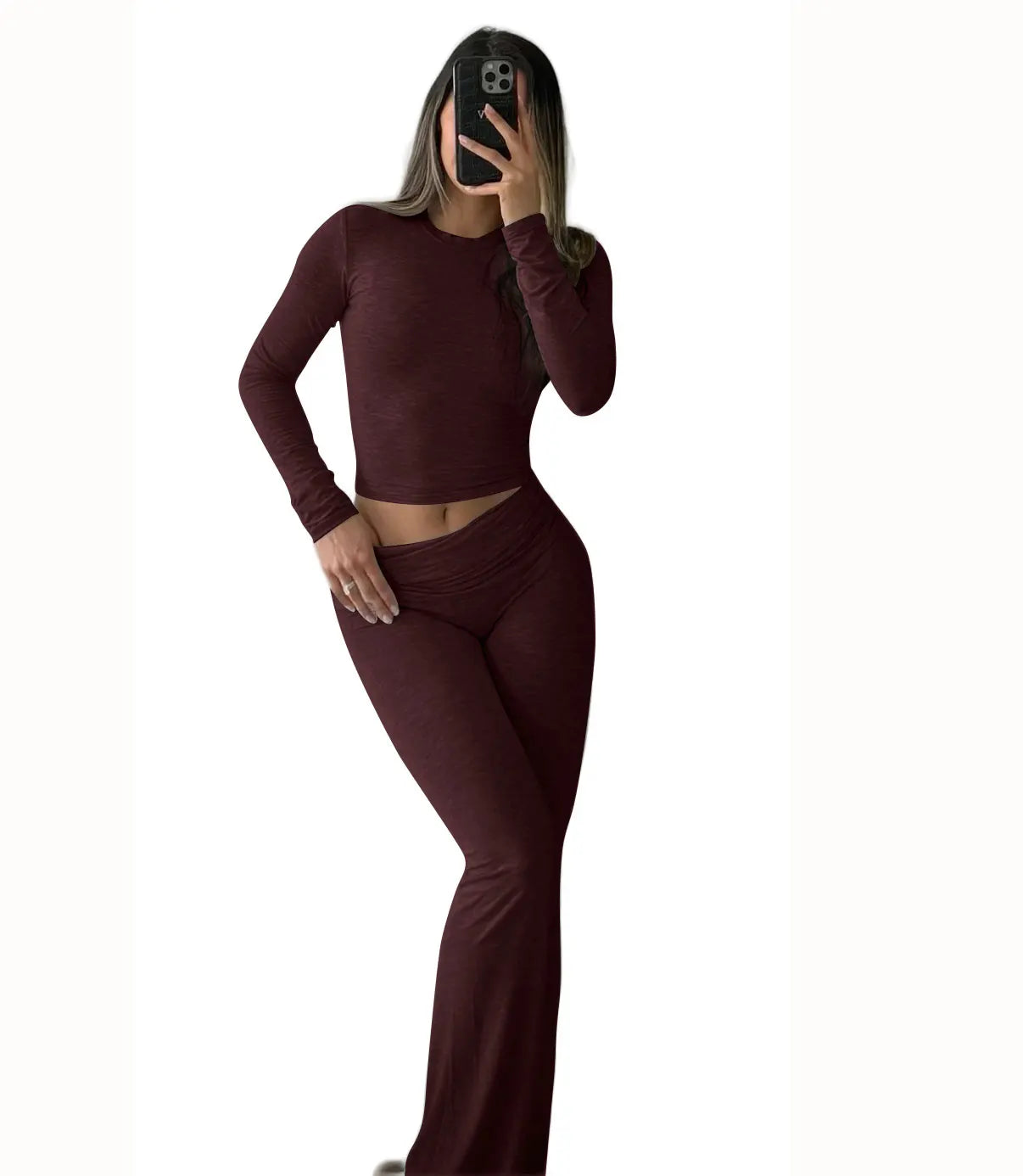 Women’s Long Sleeve Crop Top & Wide-Leg Yoga Set – Two-Piece Activewear Outfit