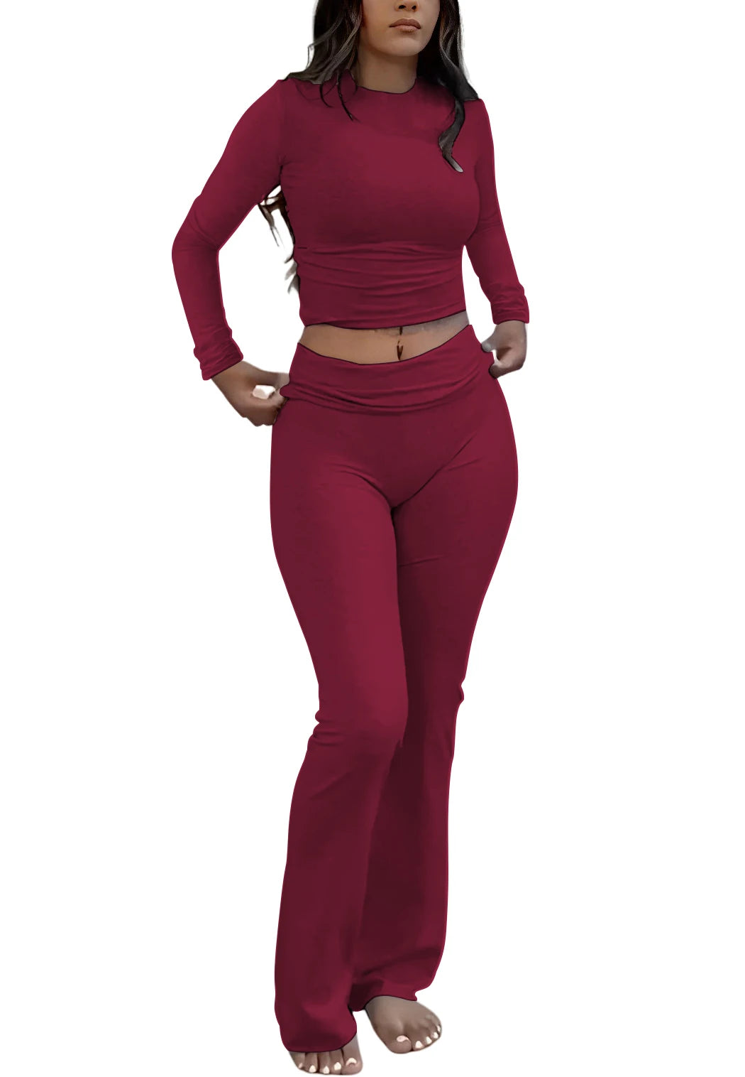 Women’s Long Sleeve Crop Top & Wide-Leg Yoga Set – Two-Piece Activewear Outfit