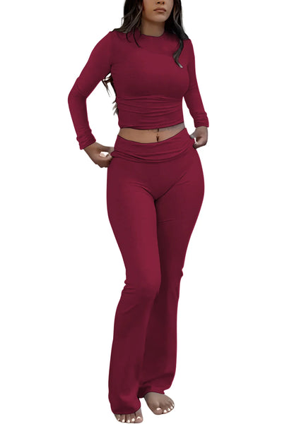 Women’s Long Sleeve Crop Top & Wide-Leg Yoga Set – Two-Piece Activewear Outfit