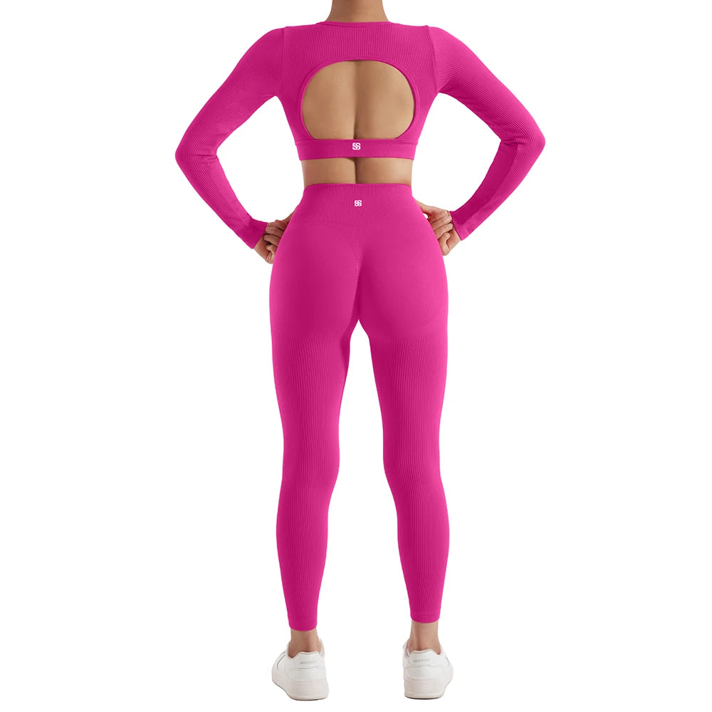 Women’s 2PCS Long Sleeve Yoga Set – Quick-Dry Gym Workout Tracksuit