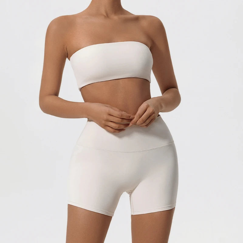 Women 2-Piece Fitness Set Strapless Sports Bra & Gym Crop Top