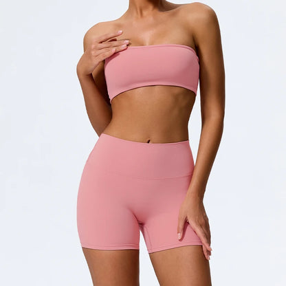 Women 2-Piece Fitness Set Strapless Sports Bra & Gym Crop Top