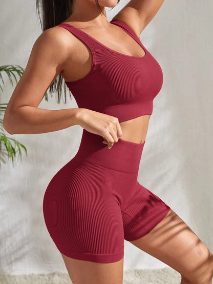 Knitted Ribbed 2 Piece Yoga Shorts Set
