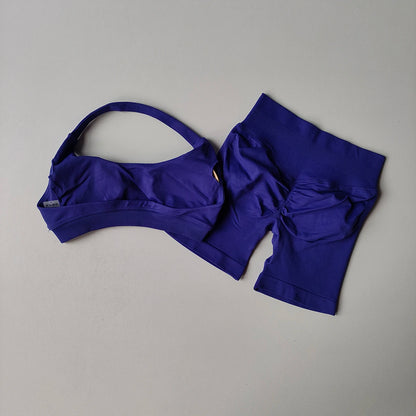 Women Seamless 2-Piece Yoga Set Halter Sports Bra & Impact Shorts