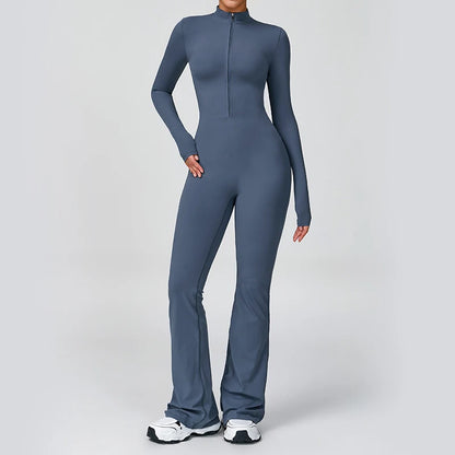 Women Long Sleeve Flare Workout Jumpsuit Zip-Up Wide Leg Bodysuit