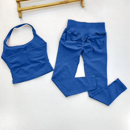 Women Seamless 2-Piece Yoga Set Strappy Sports Bra & Scrunch Leggings