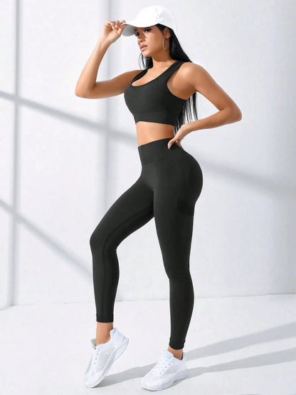 Women Seamless 2-Piece Yoga Set Crisscross Cami & Tummy Control Leggings