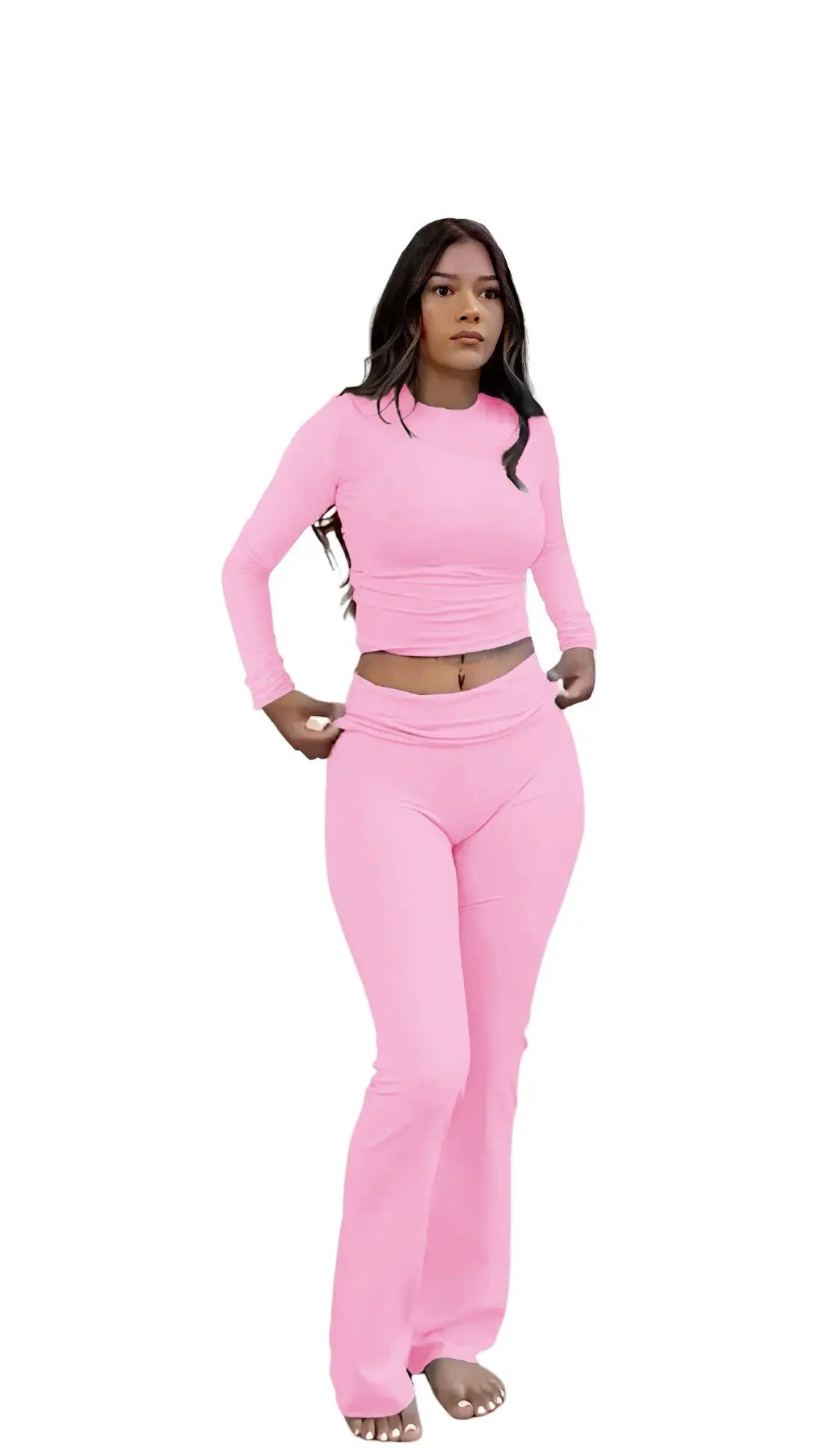 Women’s Long Sleeve Crop Top & Wide-Leg Yoga Set – Two-Piece Activewear Outfit