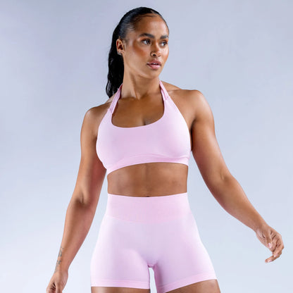 Women Seamless 2-Piece Yoga Set Halter Sports Bra & Impact Shorts