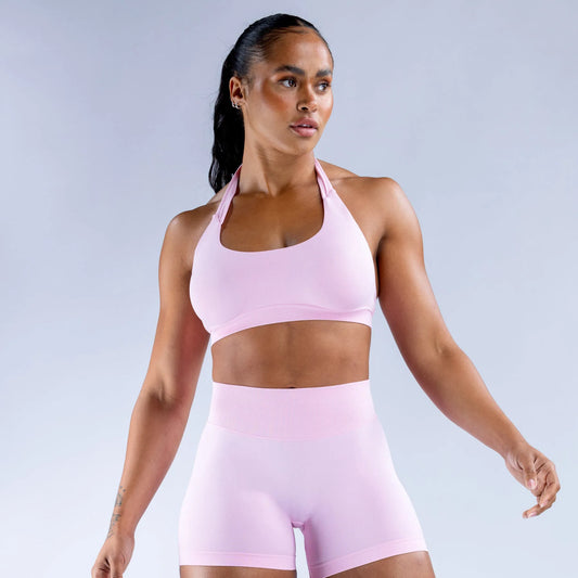 Women Seamless 2-Piece Yoga Set Halter Sports Bra & Impact Shorts