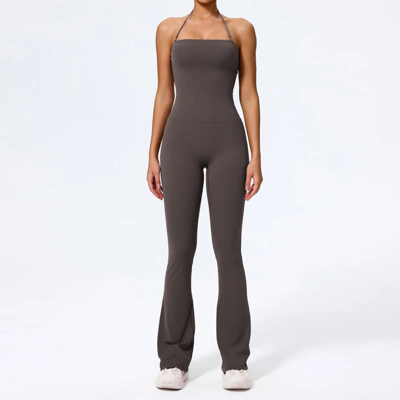 Women Sleeveless Yoga Jumpsuit Backless Flared Gym Workout Outfit