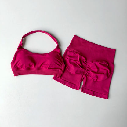 Women Seamless 2-Piece Yoga Set Halter Sports Bra & Impact Shorts