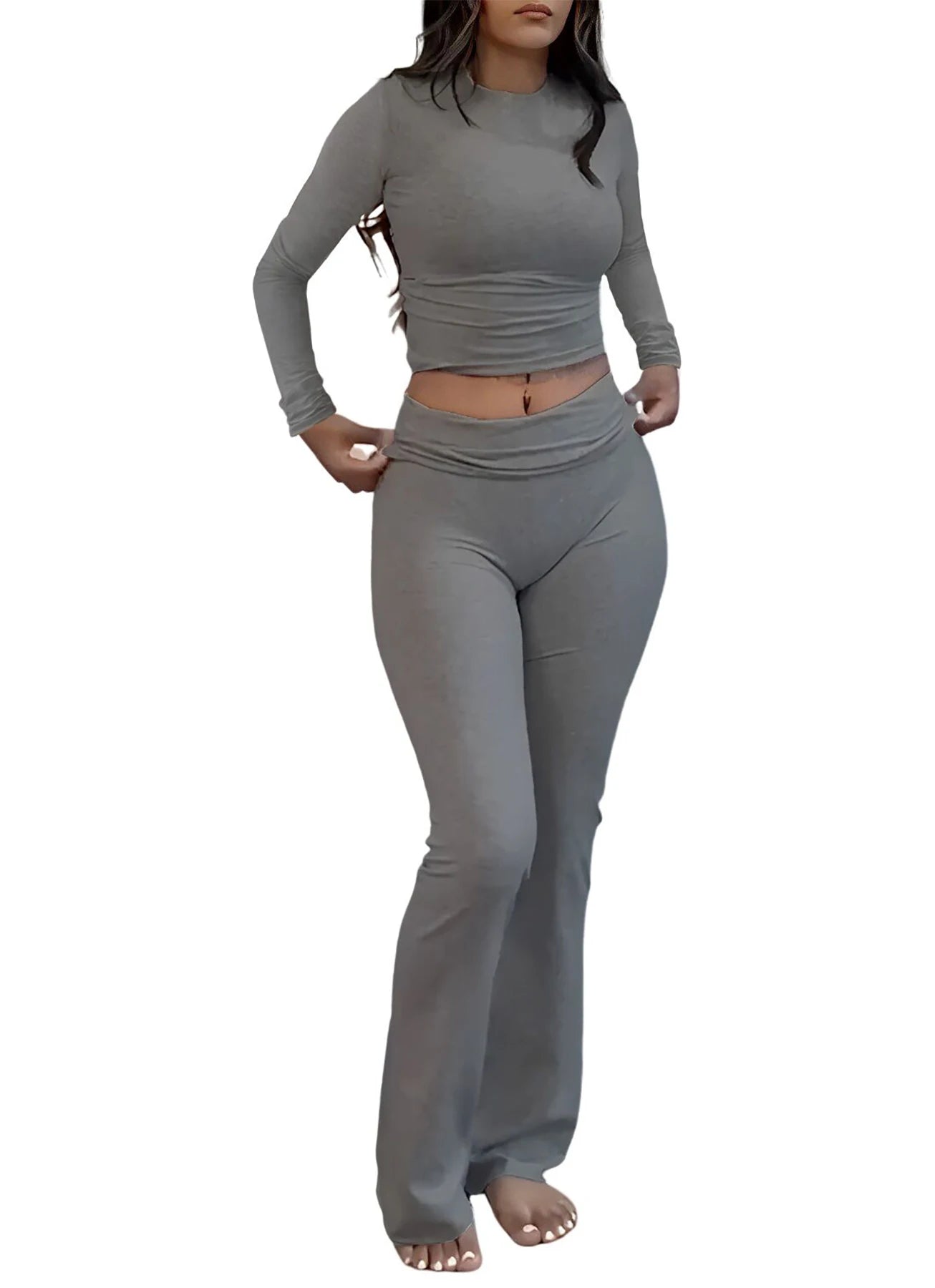 Women’s Long Sleeve Crop Top & Wide-Leg Yoga Set – Two-Piece Activewear Outfit