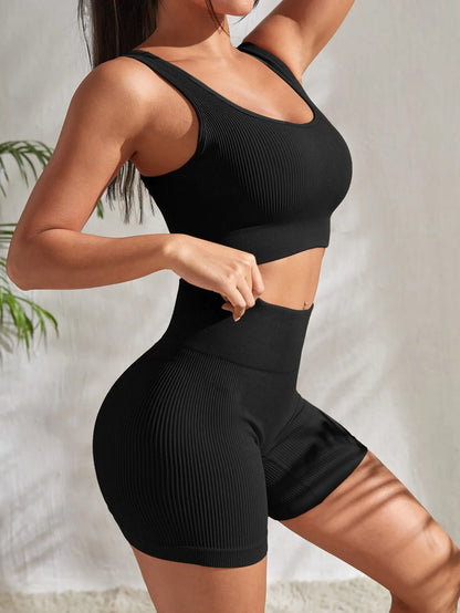 Knitted Ribbed 2 Piece Yoga Shorts Set