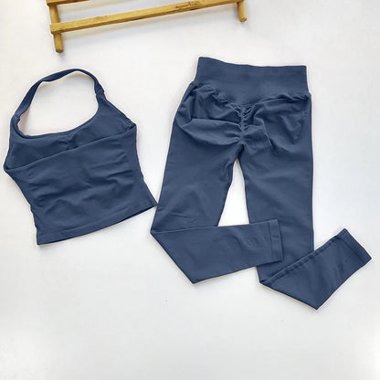 Women Seamless 2-Piece Yoga Set Strappy Sports Bra & Scrunch Leggings