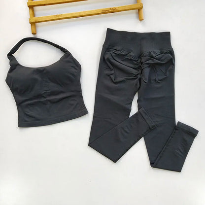 Women Seamless 2-Piece Yoga Set Strappy Sports Bra & Scrunch Leggings