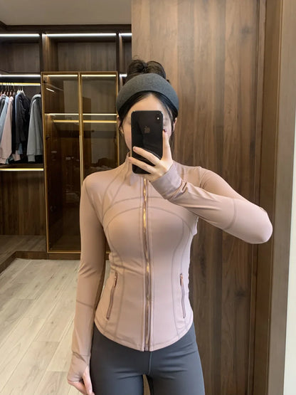 Women Slim Fit Yoga Jacket – Gold Zipper Quick-Dry Sports Jacket