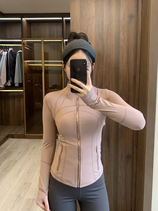 Women Slim Fit Yoga Jacket – Gold Zipper Quick-Dry Sports Jacket