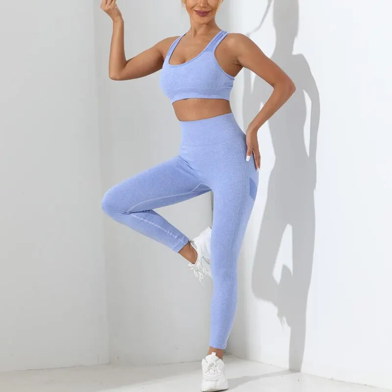 Women Seamless 2-Piece Yoga Set Crisscross Cami & Tummy Control Leggings