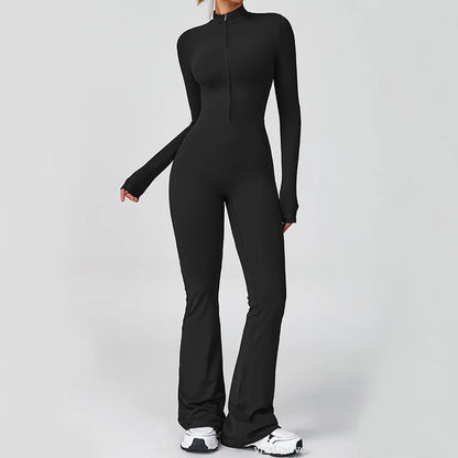 Women Long Sleeve Flare Workout Jumpsuit Zip-Up Wide Leg Bodysuit