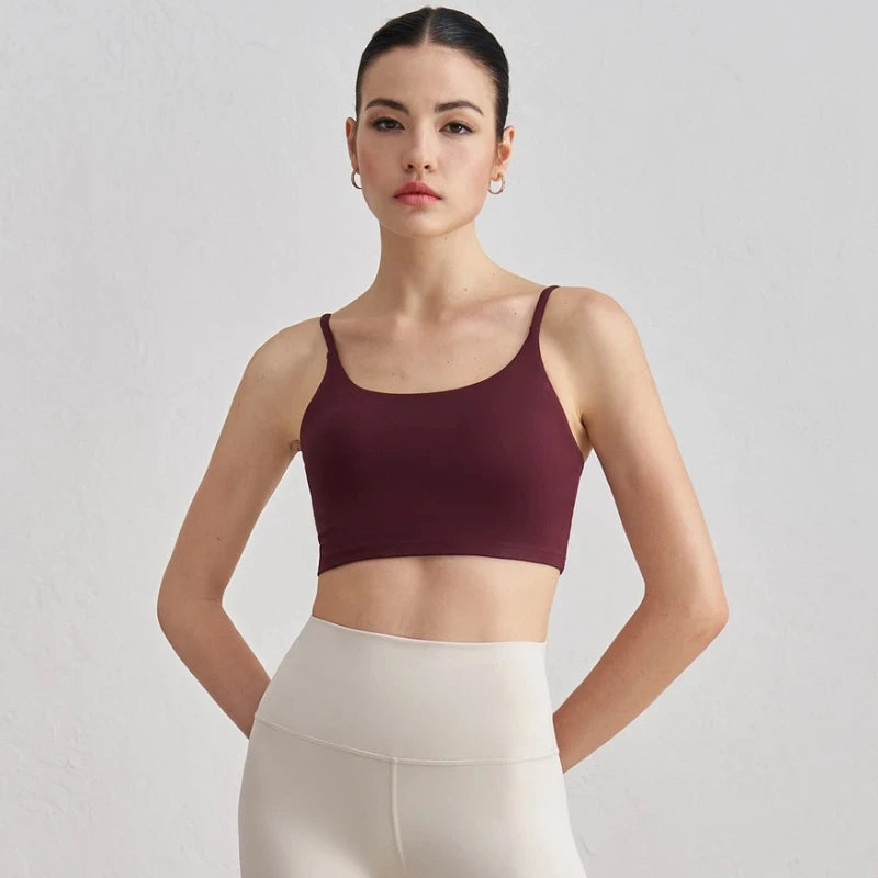 Women’s Solid Color Spaghetti Strap Sports Bra with Chest Pads