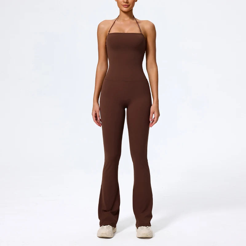 Women Sleeveless Yoga Jumpsuit Backless Flared Gym Workout Outfit