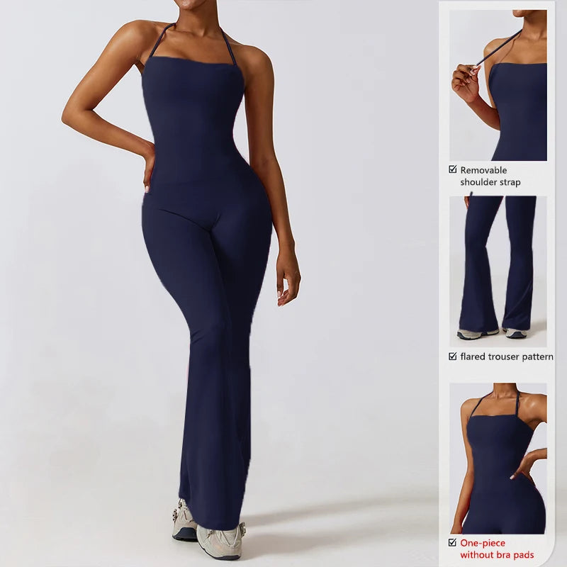 Women Sleeveless Yoga Jumpsuit Backless Flared Gym Workout Outfit
