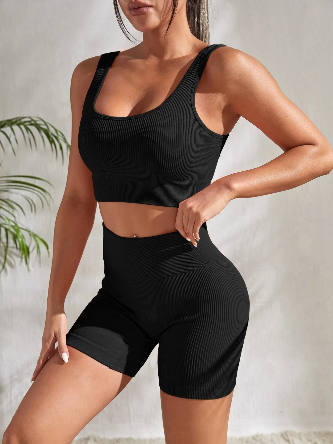 Knitted Ribbed 2 Piece Yoga Shorts Set