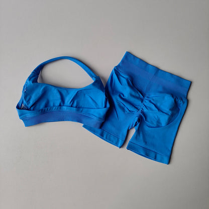 Women Seamless 2-Piece Yoga Set Halter Sports Bra & Impact Shorts