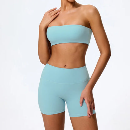 Women 2-Piece Fitness Set Strapless Sports Bra & Gym Crop Top