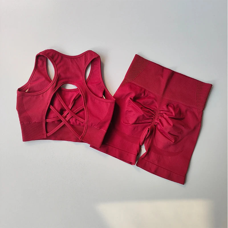 Women 2 Piece Crossback Bra High Waist Fitness Set