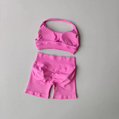 Women Seamless 2-Piece Yoga Set Halter Sports Bra & Impact Shorts