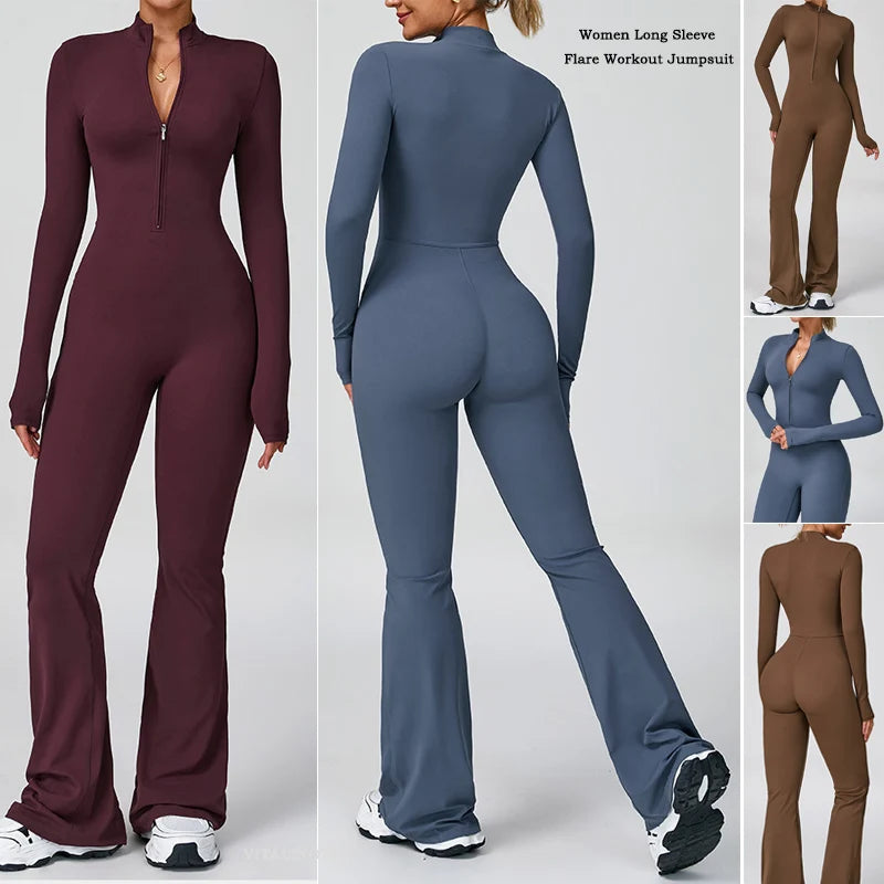 Women Long Sleeve Flare Workout Jumpsuit Zip-Up Wide Leg Bodysuit