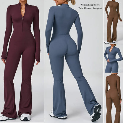 Women Long Sleeve Flare Workout Jumpsuit Zip-Up Wide Leg Bodysuit