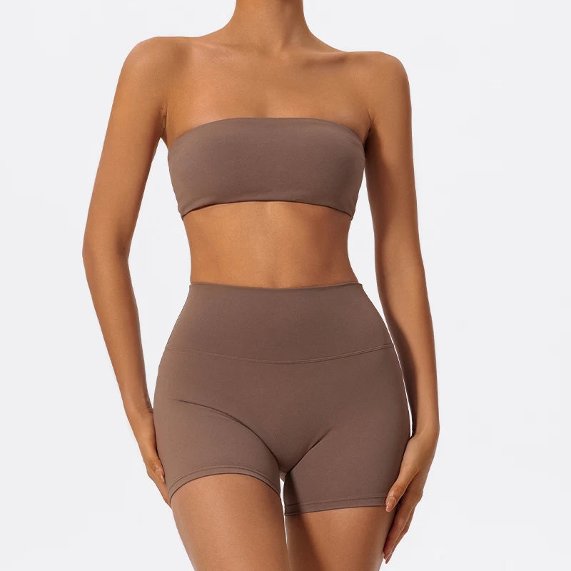 Women 2-Piece Fitness Set Strapless Sports Bra & Gym Crop Top