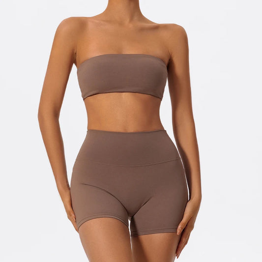 Women 2-Piece Fitness Set Strapless Sports Bra & Gym Crop Top